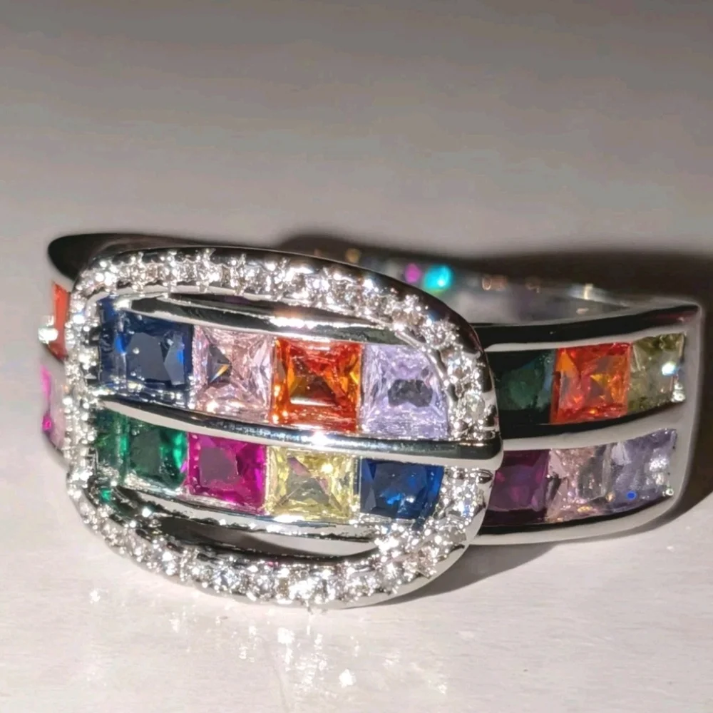 Ladies Multi Color Shimmering Gemstone Belt Buckle Design Bohemian Ring